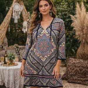 Westport 1962 Geometric Paisley Print Dress Navy Multicolor Stretch Knit Boho